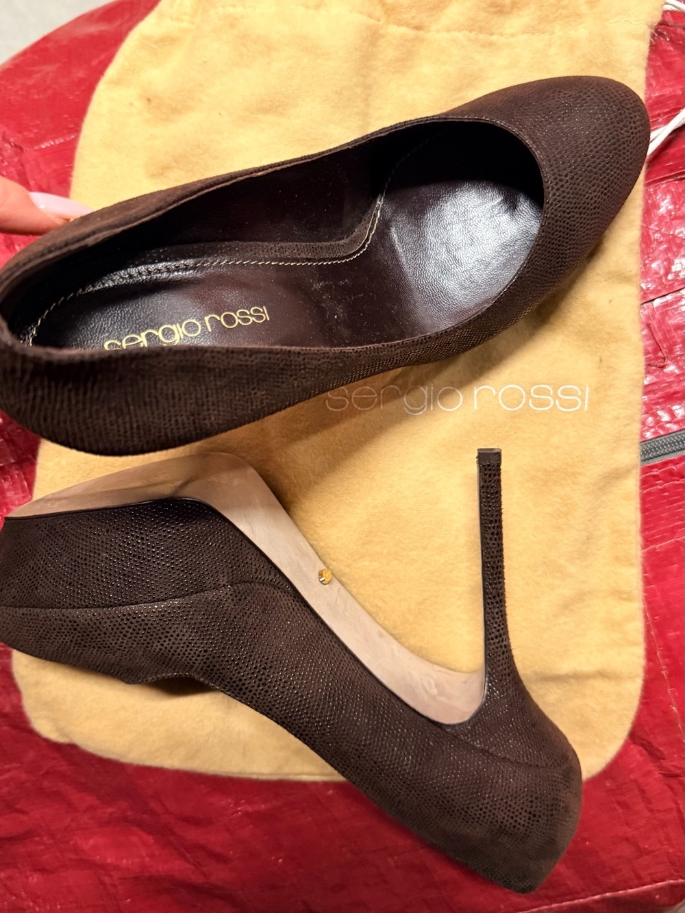 Sergio Rossi Dark Brown Textured Pointed-Toe Pumps